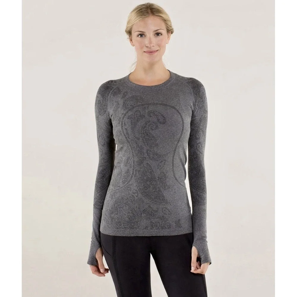 Lululemon Run Swiftly Seamless Jacquard Paisley Thumbhole Top Gray Size 8
